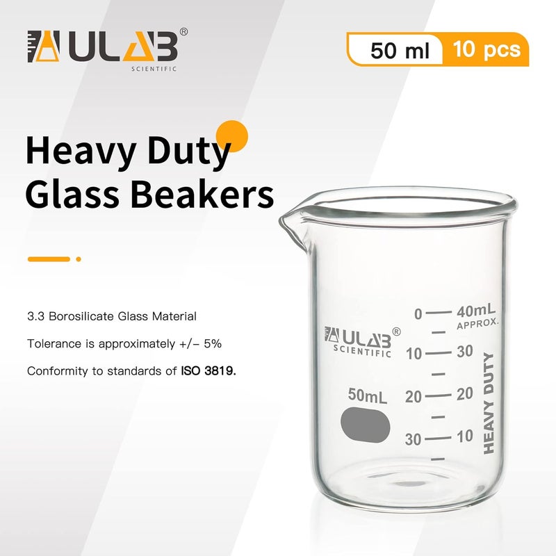 ULAB Heavy Duty Glass Beakers, 10pcs of Vol.50ml(1.7oz), Borosilicate 3.3 Glass, Thick Wall Beakers, with Double Scale, Superior Durability & Chemical Resistance, UBG1069 - Image 2